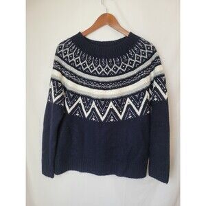 Talbots Women's M Navy Blue Fair Isle Beaded Pearl Sweater Crew Neck Winter